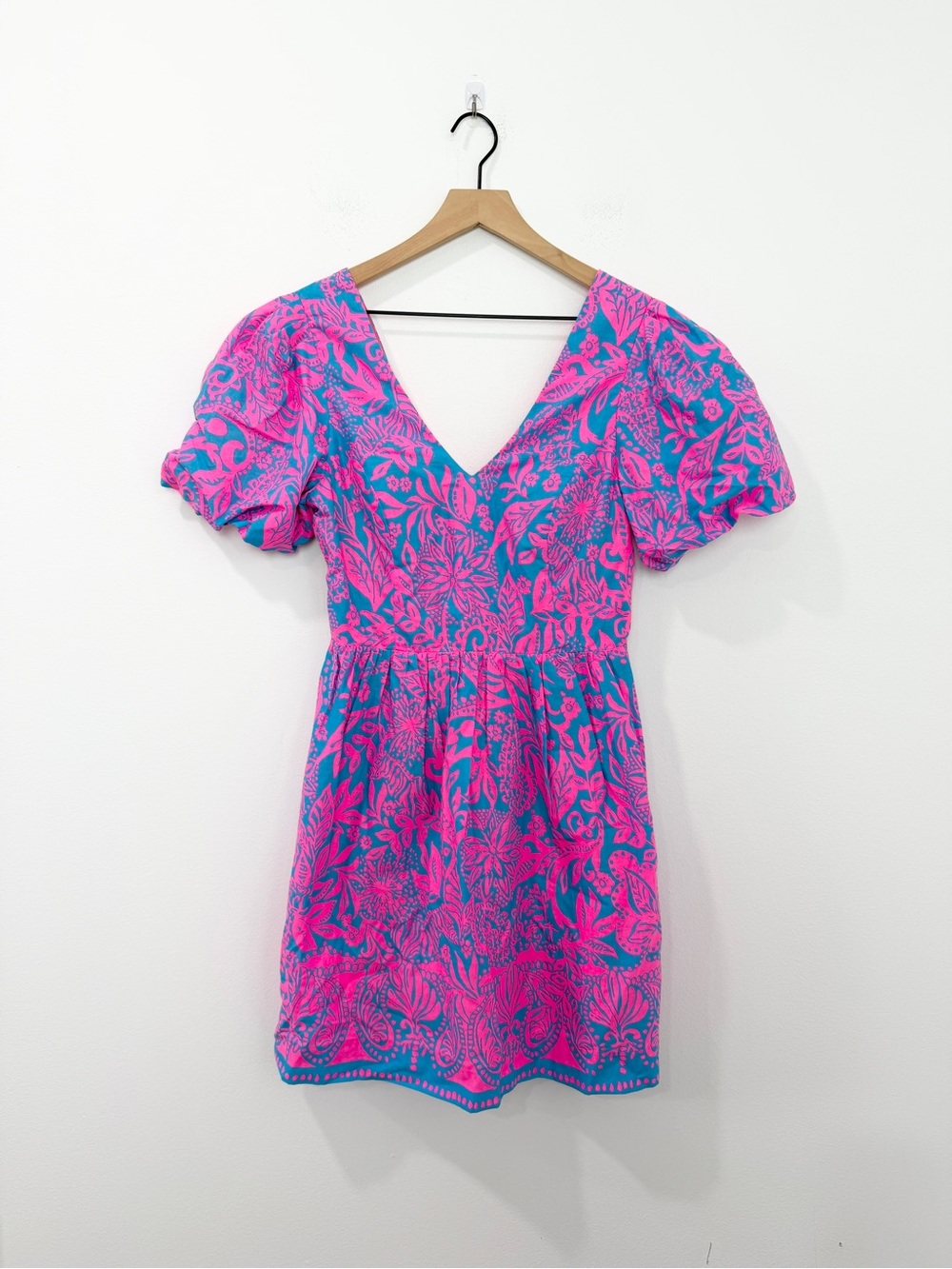 Lilly Pulitzer Suzie Short Puff Sleeve Cotton Aura Pink Leaf Mini Dress Size 6 - Picture 3 of 8